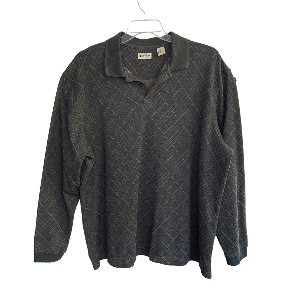 HAGGAR Long Sleeve Gray & Black Knit Collar Button Shirt Size XXL